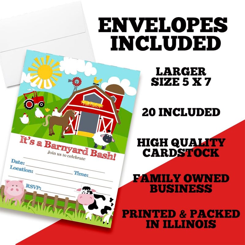 Amanda Creation Barnyard Bash Farm and Barn Themed Birthday Party Invitations, 20 5x7 Fill In Cards with Twenty White Envelopes by AmandaCreation - Image 2